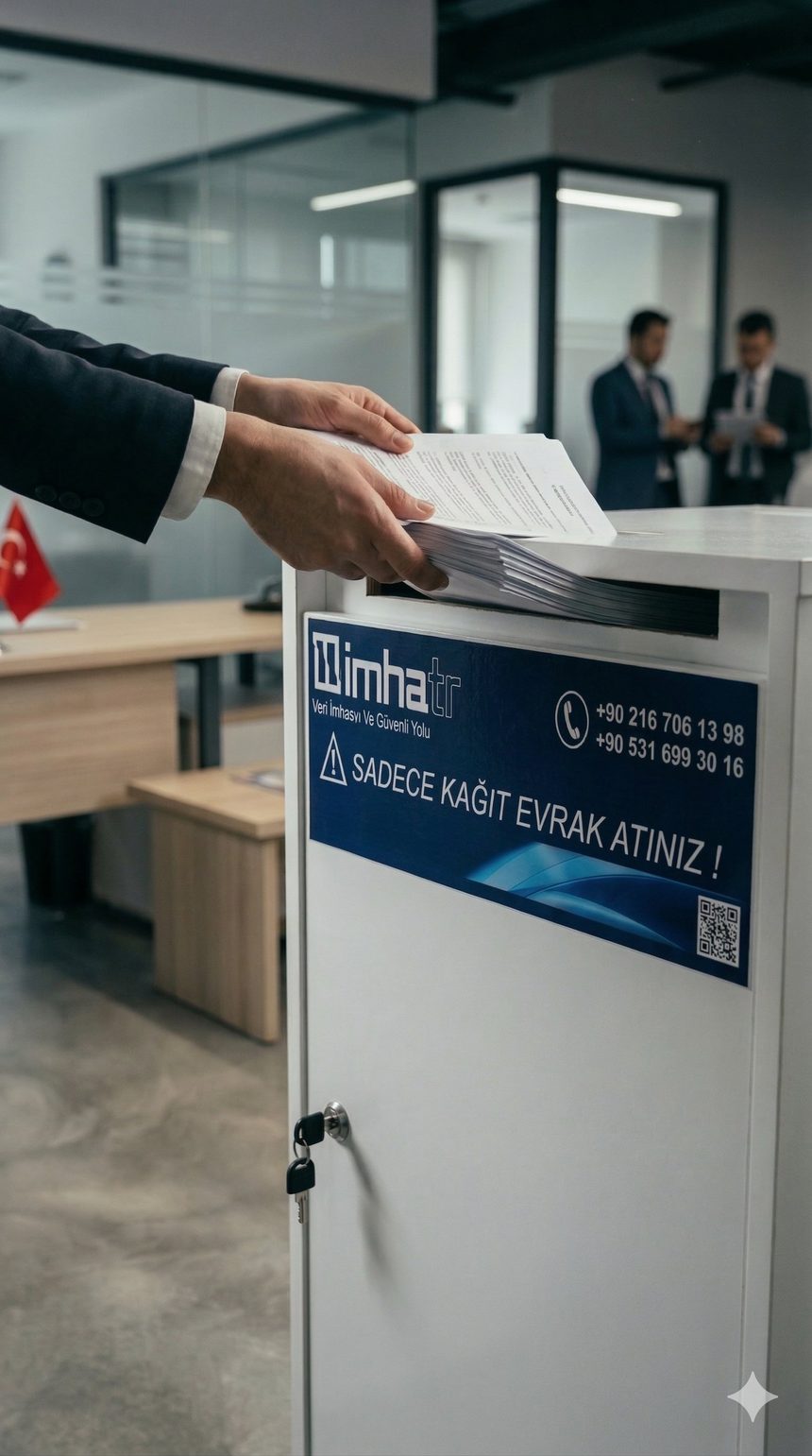 Ofiste imhaTR güvenli evrak dolabının giriş slotuna belge atan kurum çalışanı